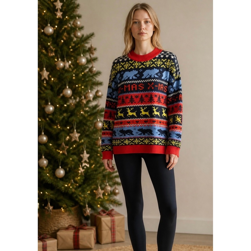 NEW Christmas Sweater Women's XXL Reindeer‎ Snowflakes Holiday Crewneck